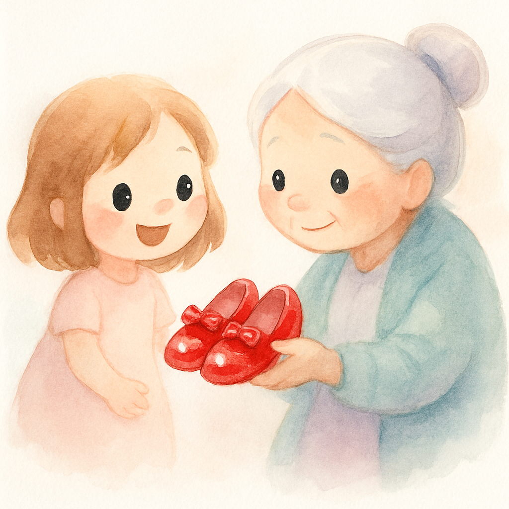 할머니가 카렌에게 빨간 구두를 선물하는 장면